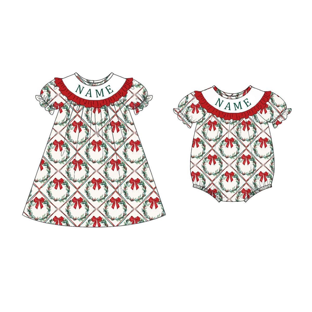 Custom Name Christmas Embroidered Smocked Dress & Romper