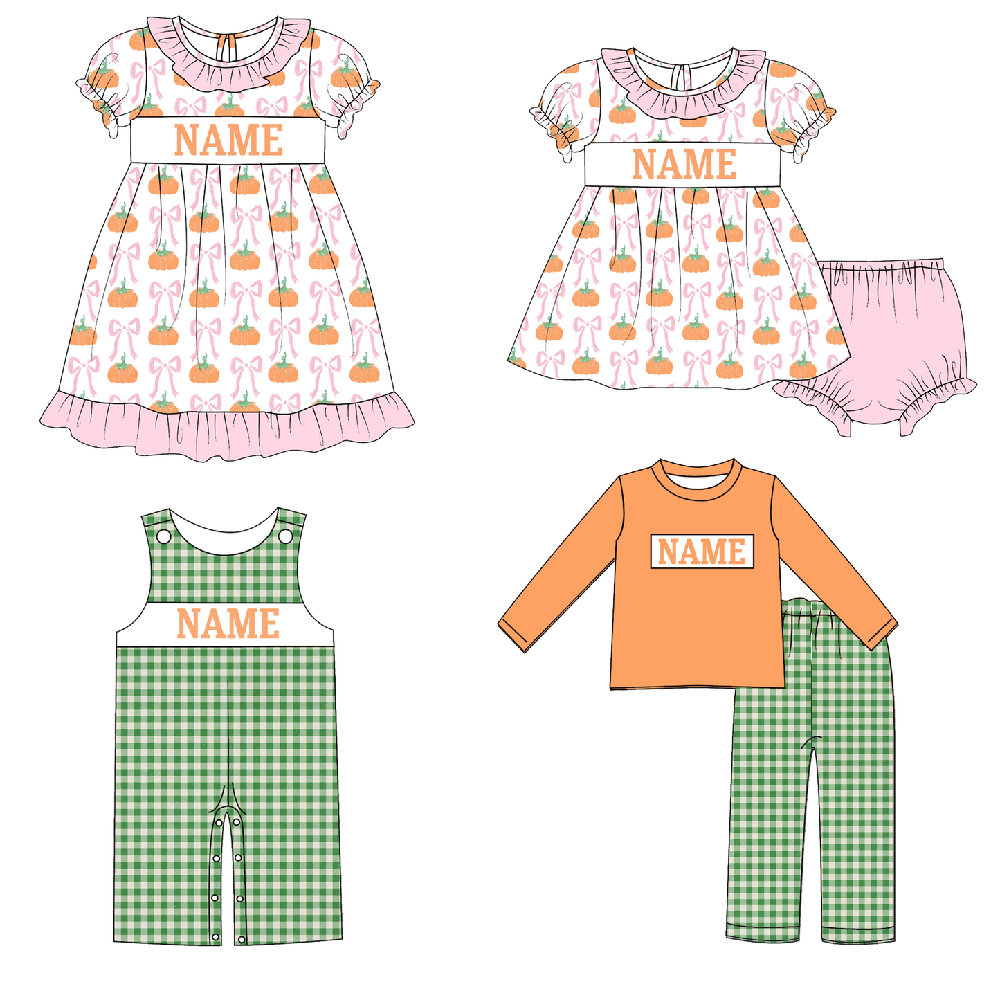 Kids Fall Custom Name Embroidery Green Orange Pumpkin Sibling Clothes