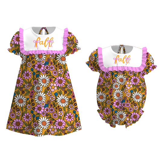 Girls Sister Fall Flower Pink Ruffled Embroibery Sibling Clothes