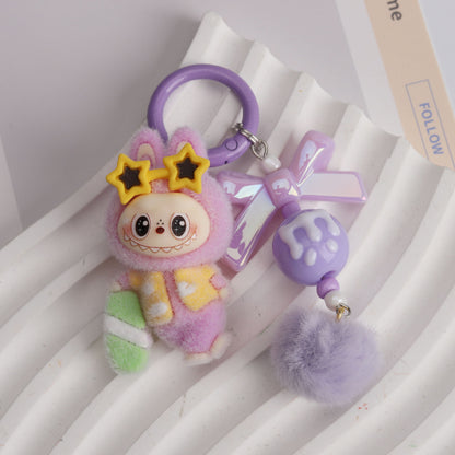 New Flocked Surfboard Sunglasses Labubu Beaded Keychain Cute Charm Bag Pendant Accessory
