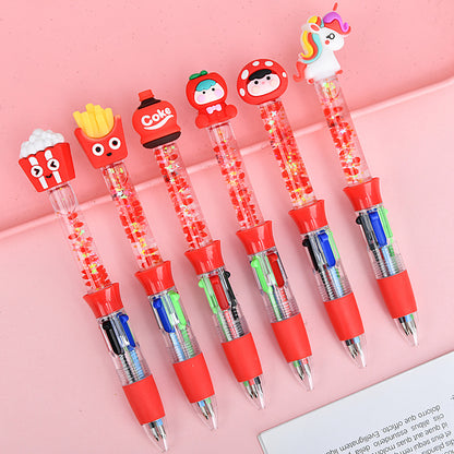 Glitter Quicksand 4-Color Retractable Ballpoint Pens Cartoon Gel Ink Pens with Fun Floating Liquid Design