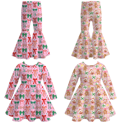 Christmas Bow Gingerbread Print Soft Bell Pant & Dress