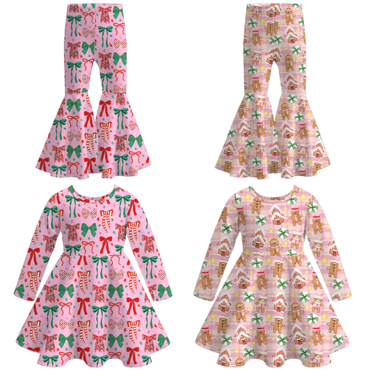 Christmas Bow Gingerbread Print Soft Bell Pant & Dress