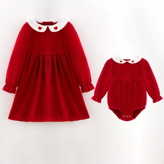 Red Corduroy V-days Sibling Clothes – Heart Embroidery