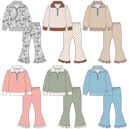 Girls Fall Winter Half Zip Pullover & Ruffle Flare Pants Set – 2 Piece Boutique Outfit, 6 Colors