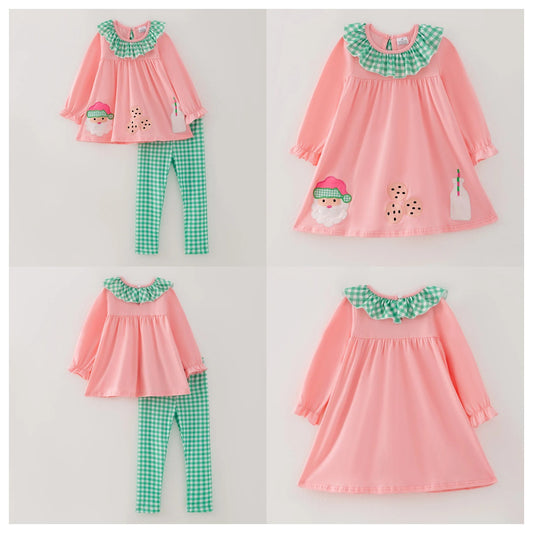 Girls Christmas Santa Cookies Embroidery Pink Green Plaid Set & Dress