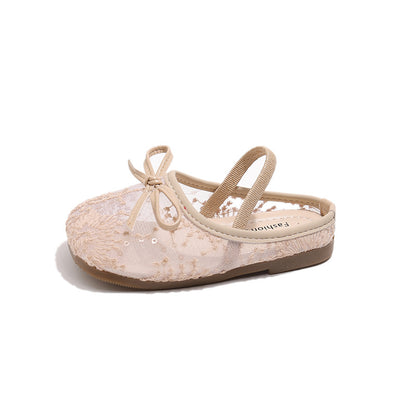 Girls Lace Bow Ballet Flats – Elastic Strap Dress Shoes & Backless Slippers