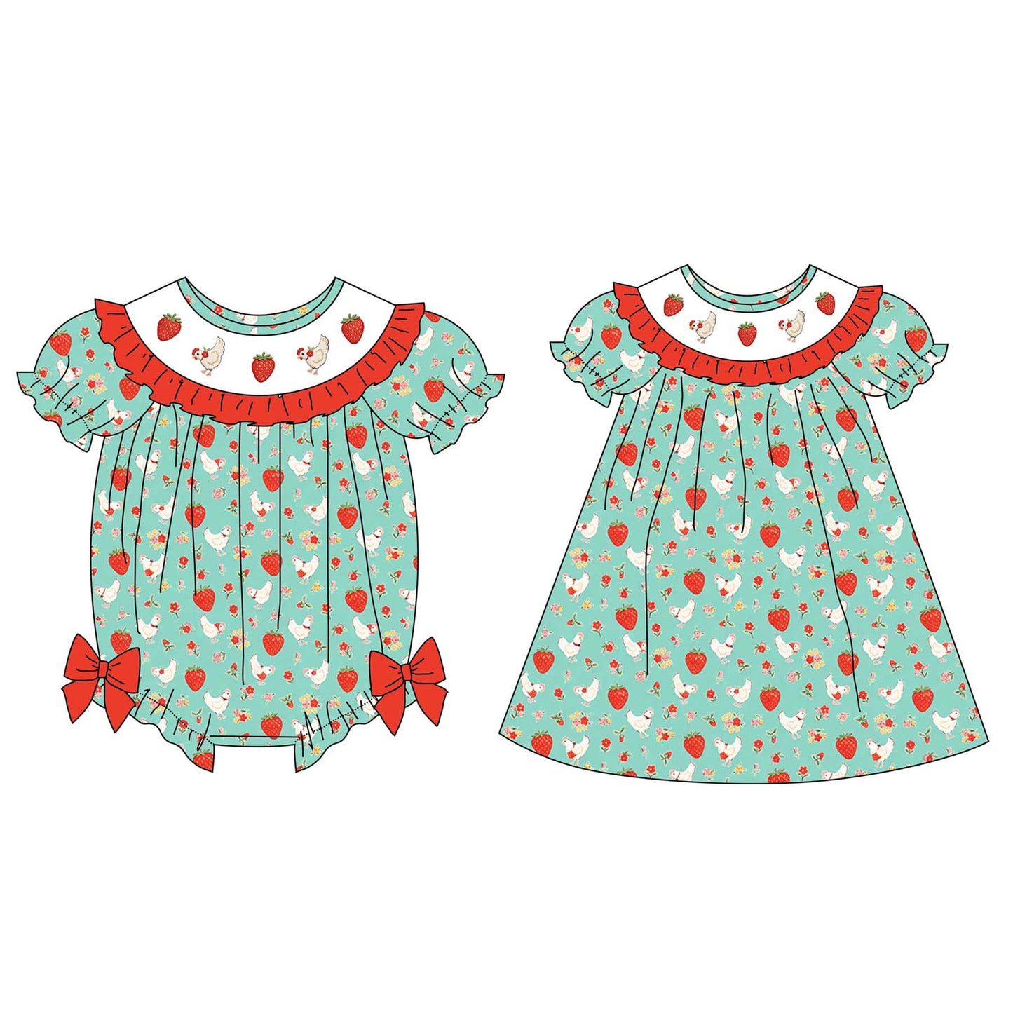 Spring Summer Strawberry Chick Floral Smock Embroidery Dress & Romper