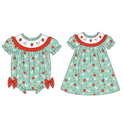 Spring Summer Strawberry Chick Floral Smock Embroidery Dress & Romper