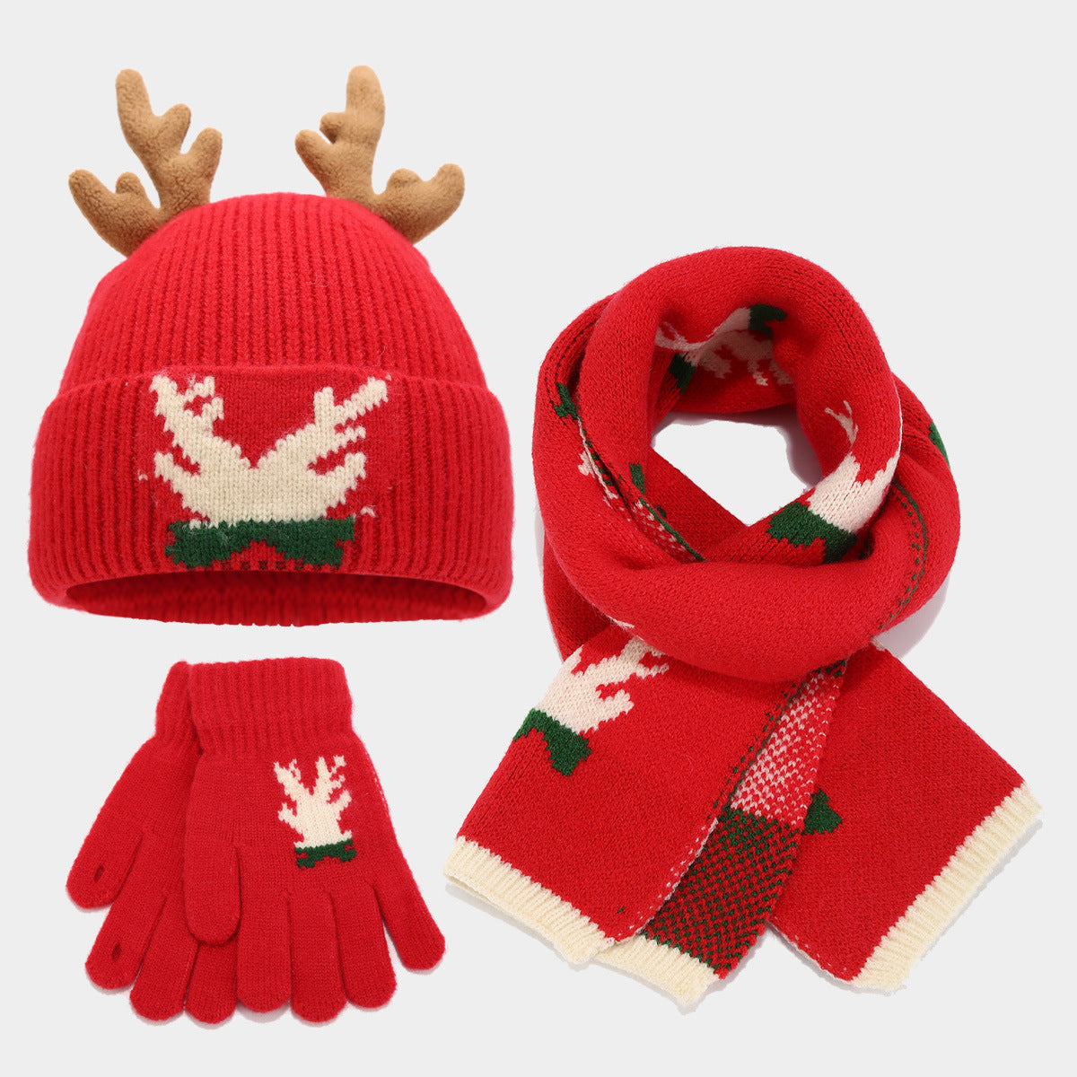 Christmas Reindeer Hat, Scarf & Gloves 3-Piece Set for Adults & Kids – Matching Family Knit Winter Accessories