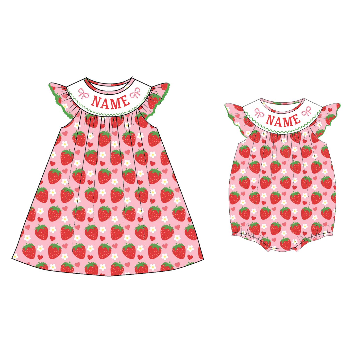 Spring Strawberry Bow Custom Name Embroidery Smock Outfits