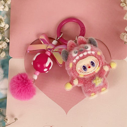 Flocked Labubu Key chain Pom-pom Backpack Charm Trendy Merchandise