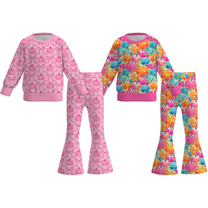 Girls Fall Pumpkin Print Long Sleeve Top & Flare Pants Set