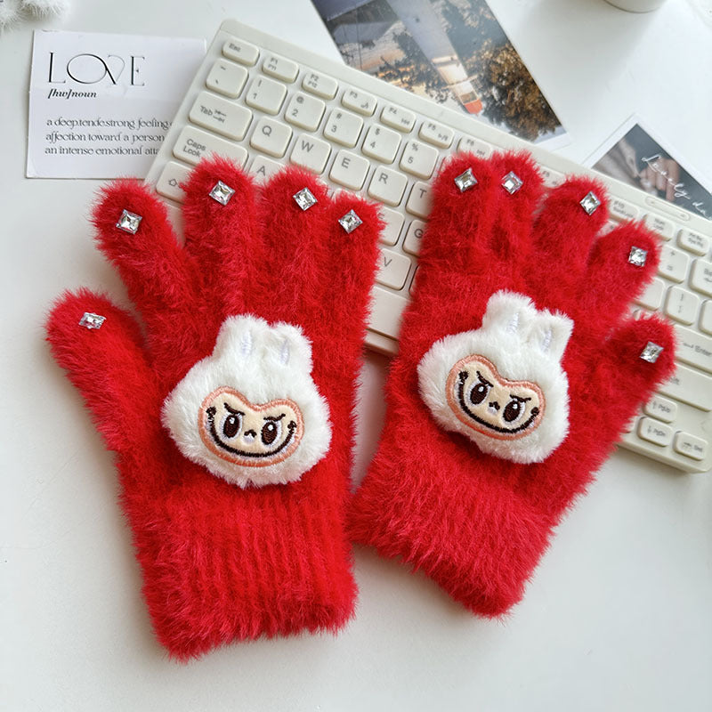 Winter Knit Gloves with Plush Doll Decoration Warm Fuzzy Rhinestone Finger Gloves for Parent Child Matching