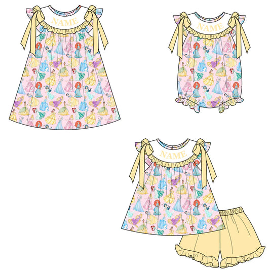 Summer Girls Yellow Princess Custom Name Smocked Embroidery Set Collection