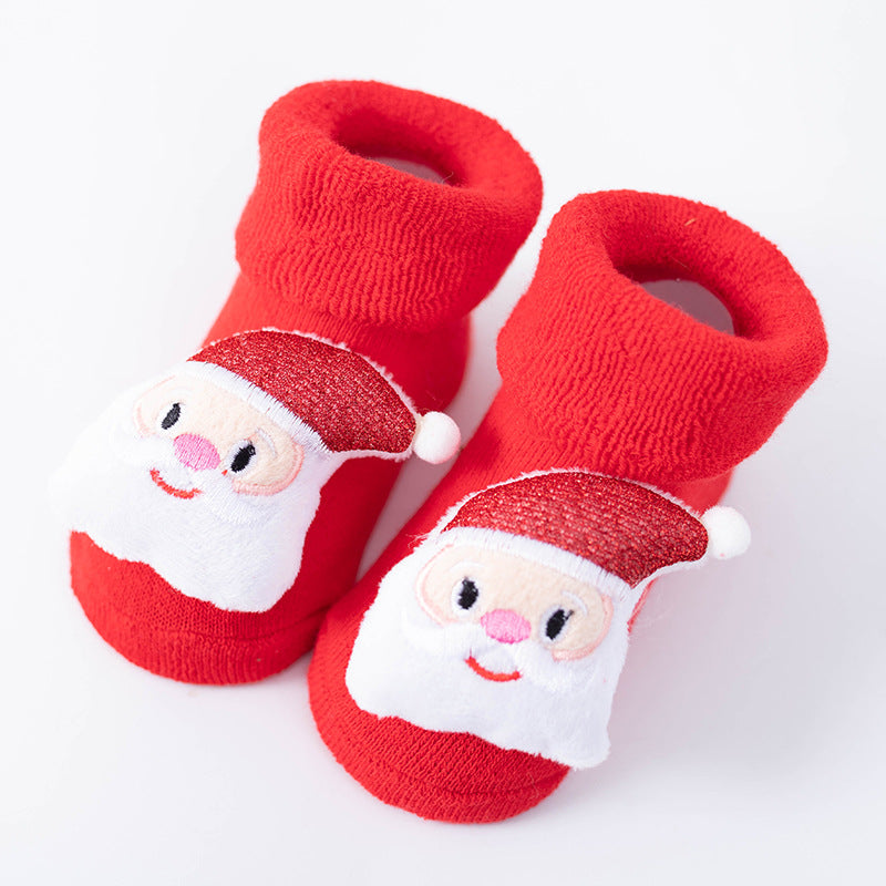 Newborn Baby Christmas Socks Red Combed Cotton Thick Fleece-Lined Non-Slip Floor Socks Winter
