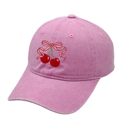 Vintage Washed Baseball Cap with Cherry & Bow Embroidery