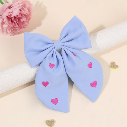 Valentine’s Day Pink Bow Streamer Hair Clip – Heart Embroidered Cotton Linen Ribbon Barrette