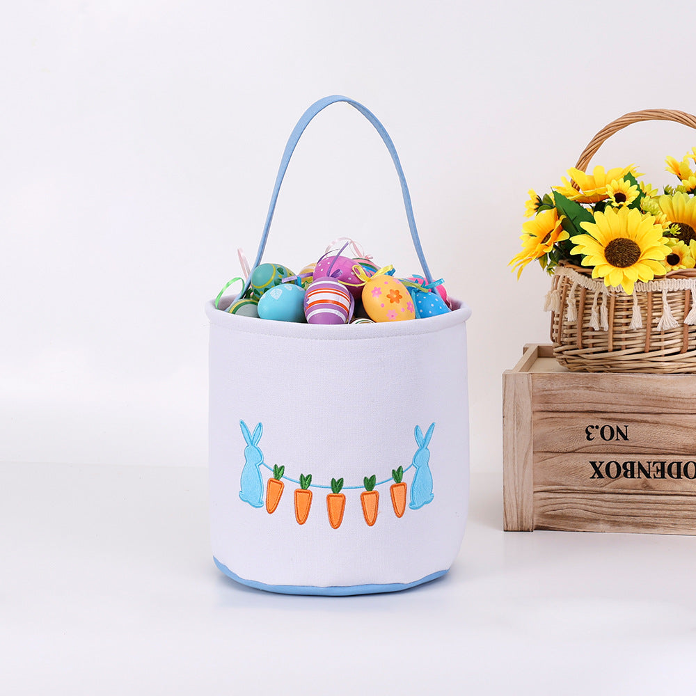 Easter Bunny Embroidered Candy Basket with Carrot Design, Kids Treat Bucket
