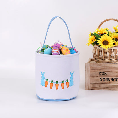 Easter Bunny Embroidered Candy Basket with Carrot Design, Kids Treat Bucket