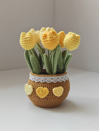 Handmade Knitted Tulip Pot – Crochet Yarn Flower Desk Decor Gift