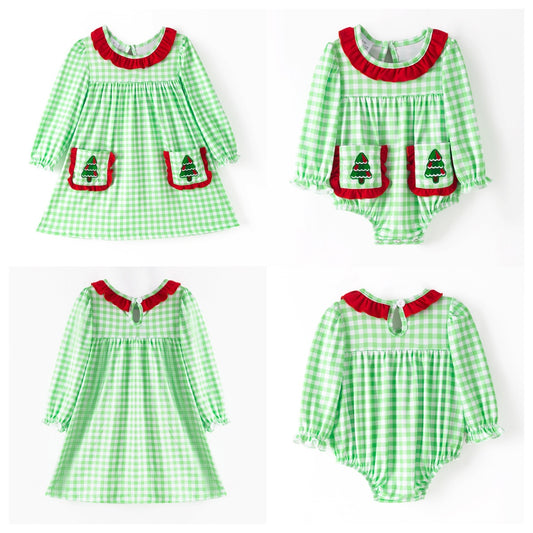 Girls Christmas Sibling Matching Outfits – Gteen Stripes Tree Embroidery Collection