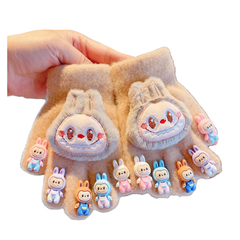 Cute Labubu Plush Half-Finger Gloves Warm Knitted Mittens with 3D Bunny and Silicone Labubu Charms
