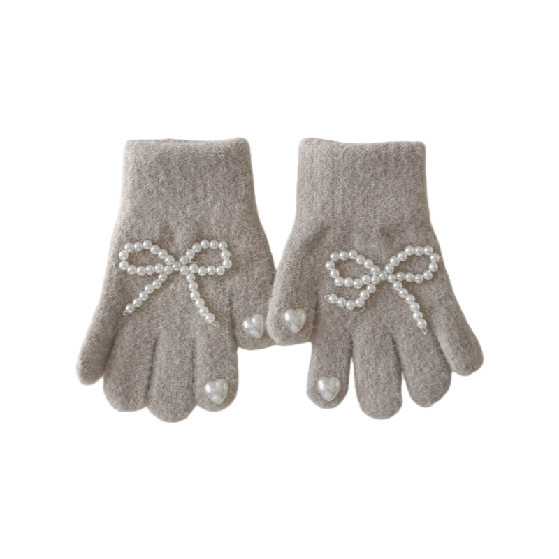 Winter Kids Gloves New Solid Color Bow and Pearl Decor Knitted Five-Finger Gloves for Girls