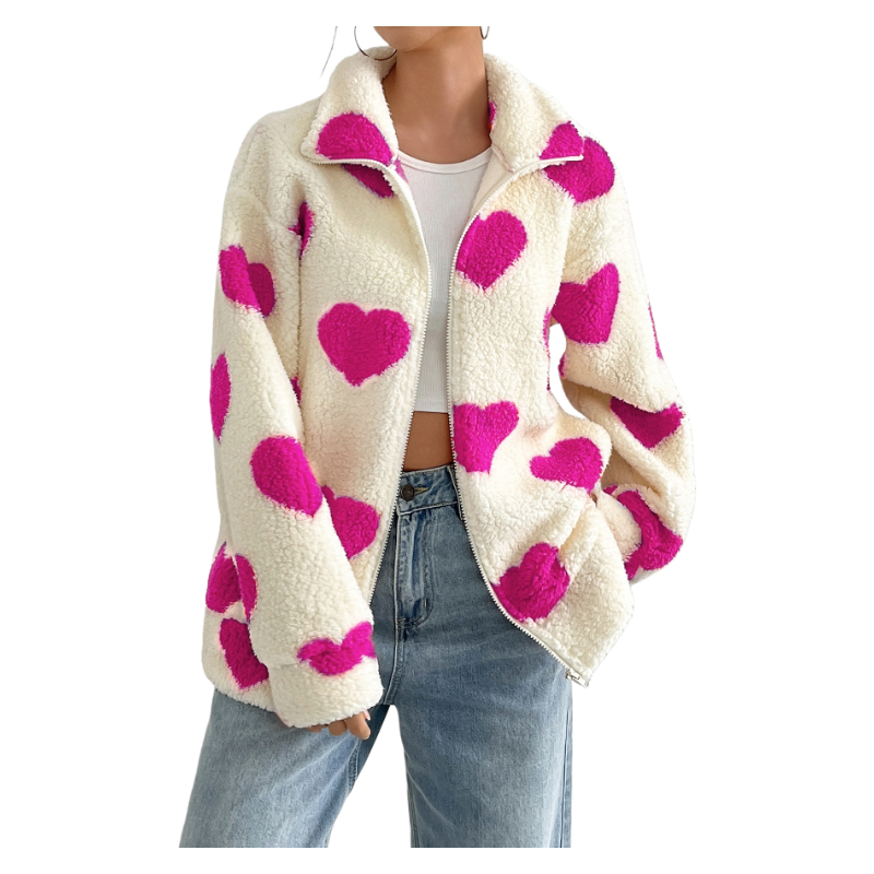 Valentine’s Day Plush Heart Print Zip-Up Cardigan Jacket Loose Fit Long Sleeve Outerwear Spring Winter