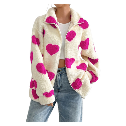 Valentine’s Day Plush Heart Print Zip-Up Cardigan Jacket Loose Fit Long Sleeve Outerwear Spring Winter