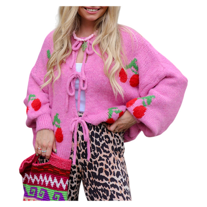2026 Spring Cherry Embroidered Jacquard Knit Cardigan with Tie Front for Women