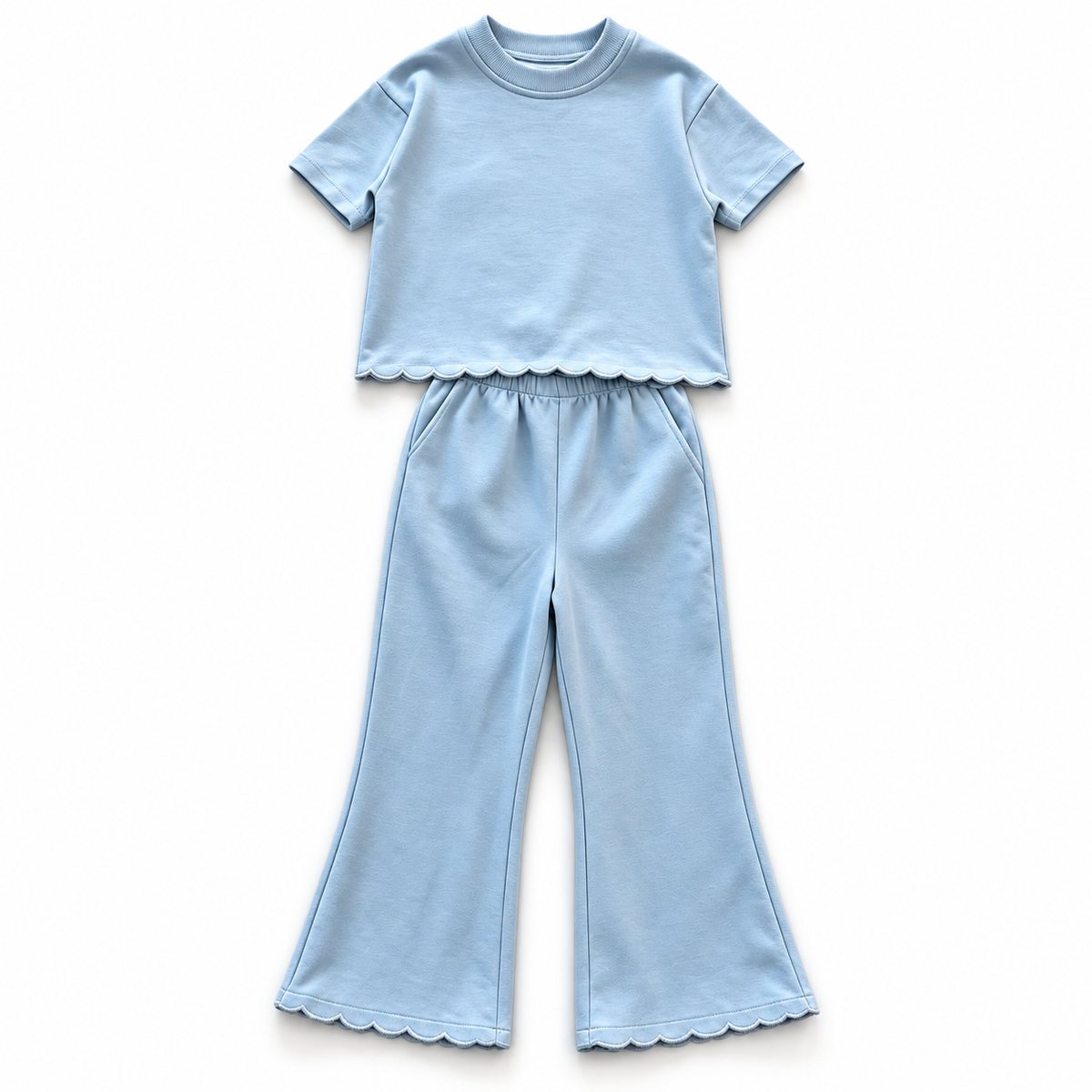 Girls’ Scalloped Cotton Two-Piece Set – Short Sleeve Sweatshirt & Wide-Leg Pants for Fall & Winter