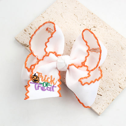Halloween Pumpkin Embroidered Hair Bow Clips – Wavy Edge, 10 Pack