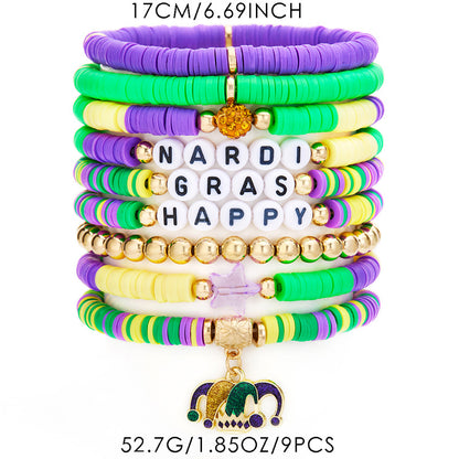 Mardi Gras Beaded Bracelet Set (9-Piece) Clown Hat Charm Letter Bracelets