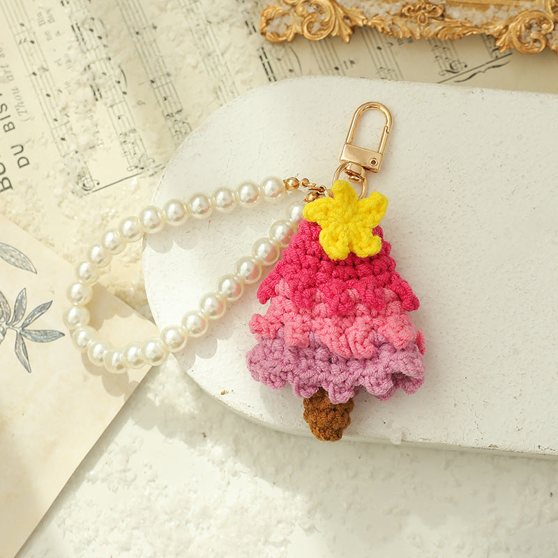 Christmas Gift Crochet Knitted Pearl Keychain Ornament Christmas Tree Shaped Decoration