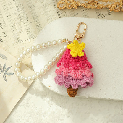 Christmas Gift Crochet Knitted Pearl Keychain Ornament Christmas Tree Shaped Decoration