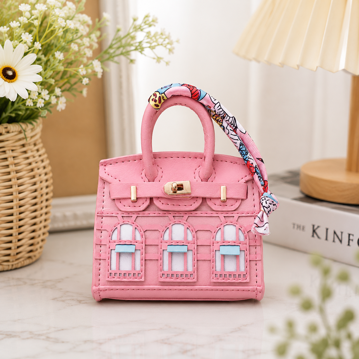 Mini House Bag Charm with Scarf – Faux Leather Coin Purse & Earbud Pouch