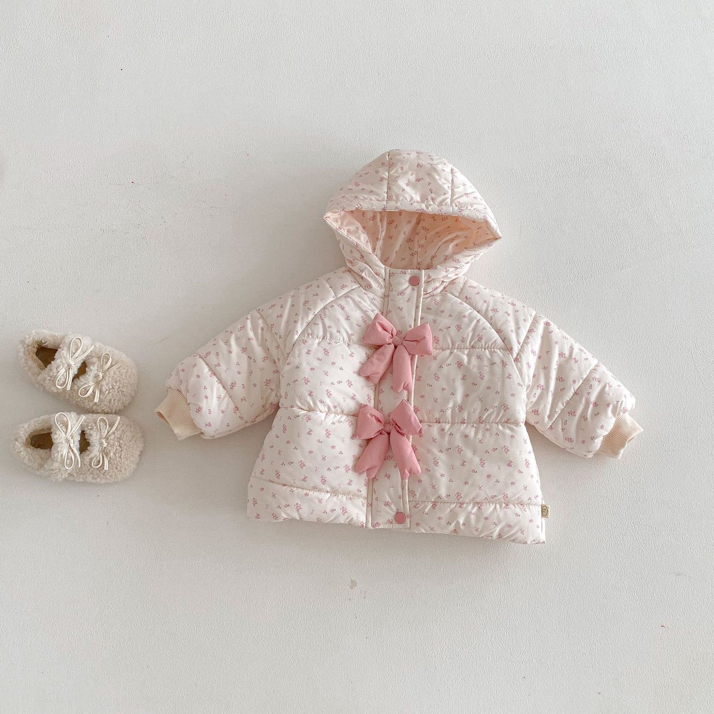 2025 Winter Girls’ Floral Cotton Coat Hooded Padded Jacket with Bow Decor