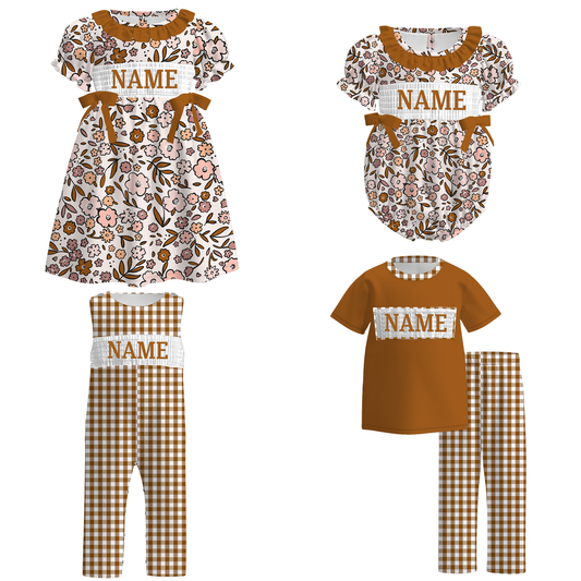 Kids Fall CUSTOM NAME Embroidery Brown Floral Plaid Sibling Clothes