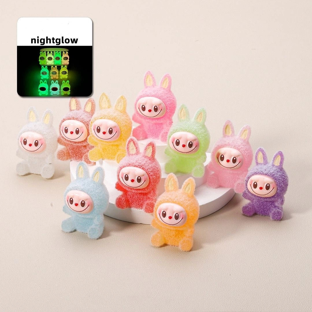 Labubu Flocked Glow-in-the-Dark Mini Figurine Car Decoration DIY Collectible Toy Accessory