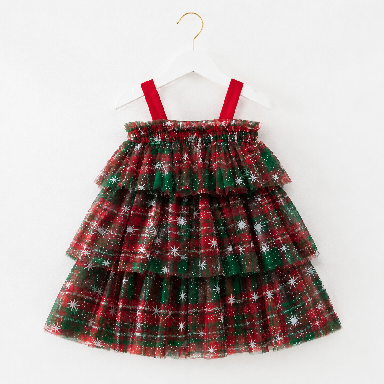 Girls Christmas Tulle Dress Festive Holiday Party Dress with Sparkle Stars & Pom Pom Details