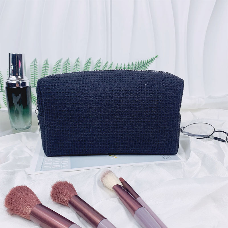 Waffle Fabric Solid Color Makeup Pouch Travel Toiletry Bag
