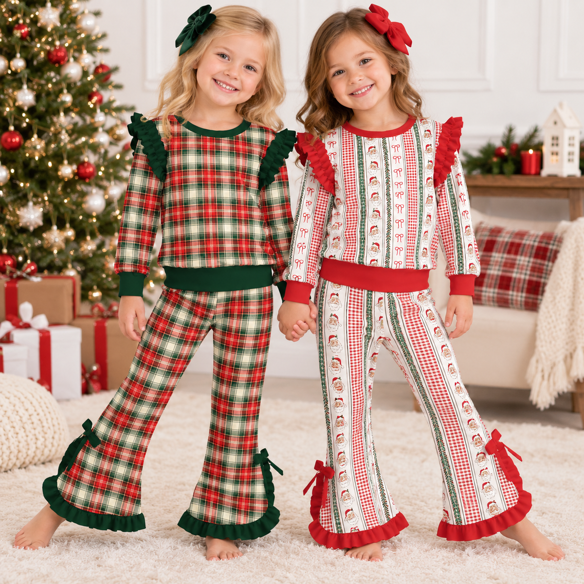 Girls Christmas Plaid Ruffle Pants Set – Holiday Santa Print Long Sleeve Bell Bottom Outfit