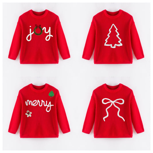 New Oversize Christmas Embroidered Red Sweaters for Kids – Cozy & Festive