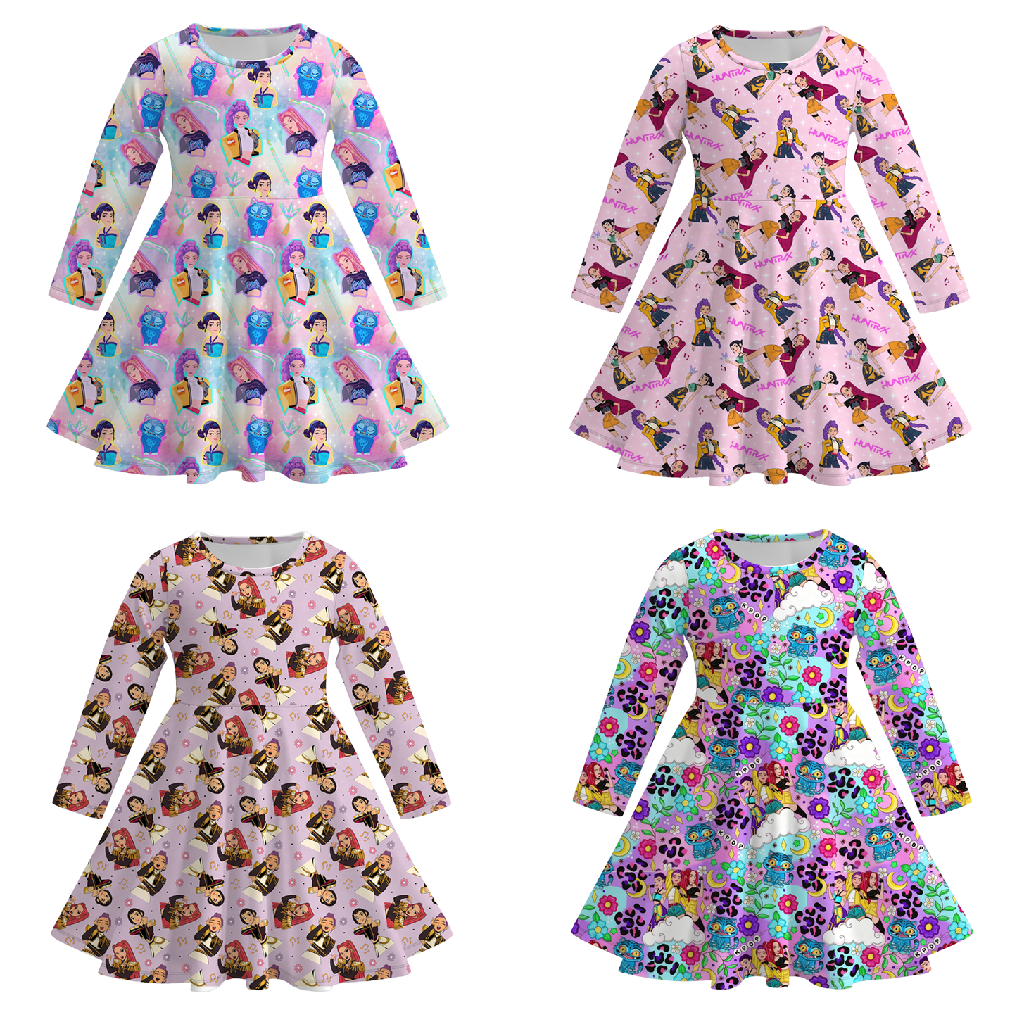 Kpop Demon Hunter Print Long Sleeves Girls Twirl Dress