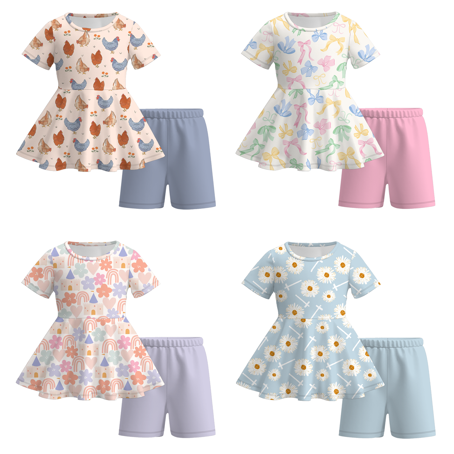 Girls Summer Chick Flower Bow Short Set