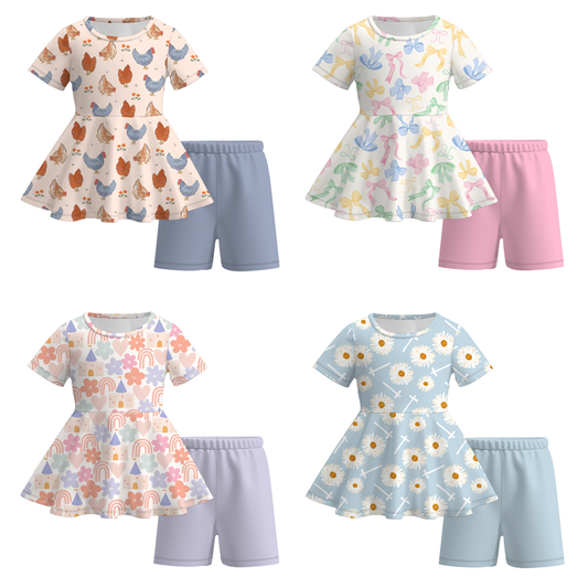 Girls Summer Chick Flower Bow Short Set