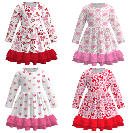 2026 Valentine's Day  Girls Long Sleeves Ruffled Heart Twirl Dress