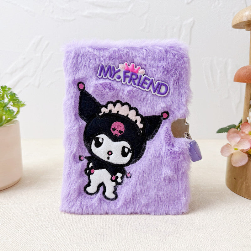 Cartoon Embroidered Plush Lock Diary 64K Soft Cover Journal Notebook Gift