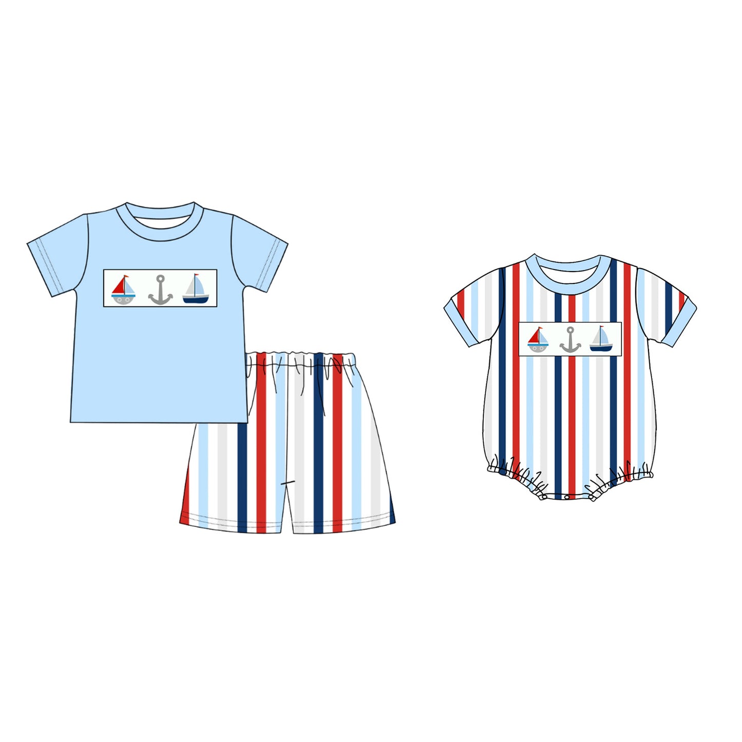Boys Brother July 4th Embroidery Sailing Boat Anchor Outfits